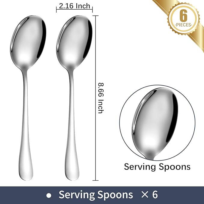 6 Piece Service Spoons Set, Stainless Steel Buffet Utensils Sets - Mirror Polished,Metal Serving Spoon for Home, Kitchen spoons The size is 8.66 inches