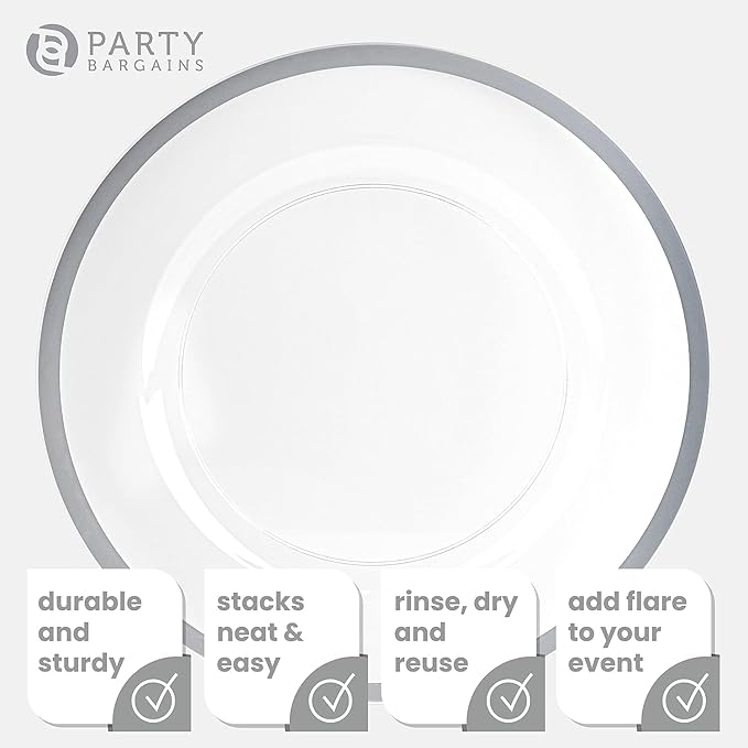 PARTY BARGAINS 13-Inch Charger Plates - 4 Pack, Clear Silver Rim, Heavy-Duty Disposable Chargers for Elegant Dining - Ideal for Weddings and Formal Events