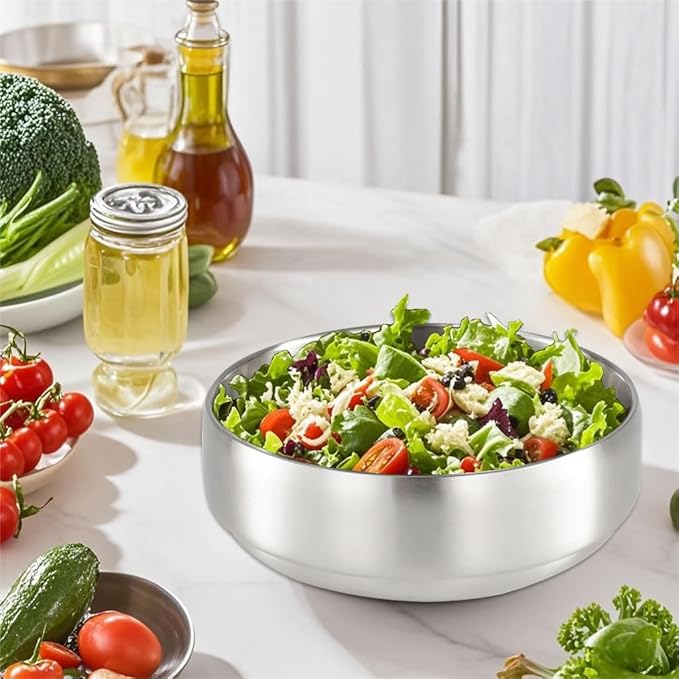 SANQIAHOME 47oz/8.3" Quality Stainless Steel Salad Bowl 2pcs/set – Double-walled Anti-scald, Dishwasher Safe, Large Serving Bowl for Family & Parties Silver, large-capacity soup bowl