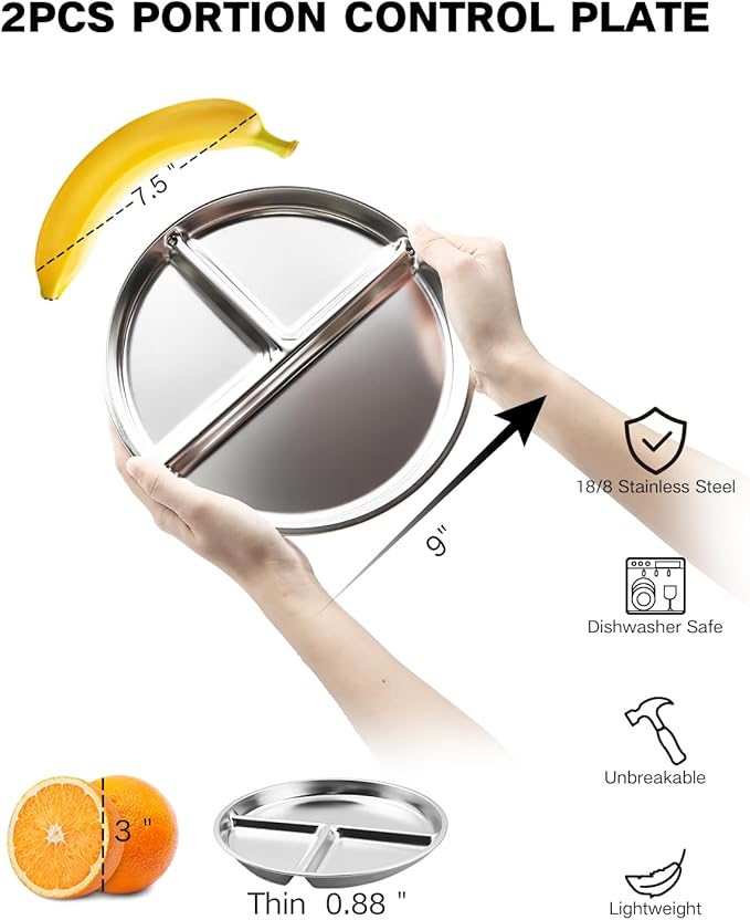 Stainless Steel Kids Plates 2 Packs, 9" Toddlers Divided Plates, Portion Control Plate for Bariatric Adults, Non Toxic Unbreakable Baby Dinner Dishes, 304 Metal Camping Food Tray