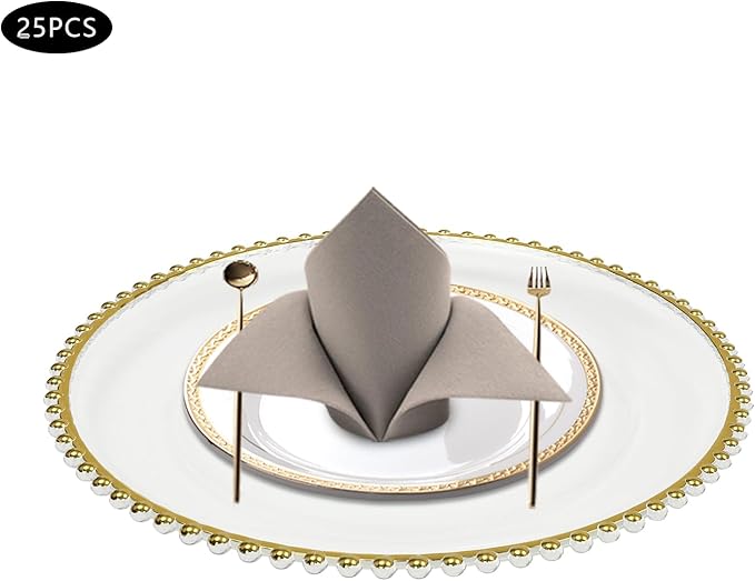 25Pcs Antique Clear Charger Plates, 13" Round Decorative Reef Chargers for Dinner Plates, Reusable Plastic Charger Plates Bulk with Gold Bead Rim for Wedding, Dinner, Party, Bridal Shower