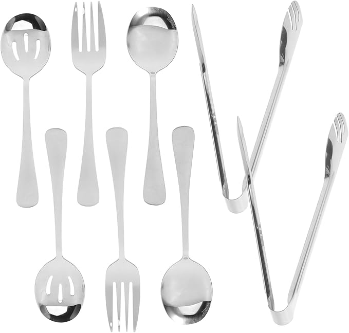 2sets Stainless Steel Cutlery Set Serving Spoons Forks Slotted Spoons Tongs Silverware Set Organizer Portable Utensil