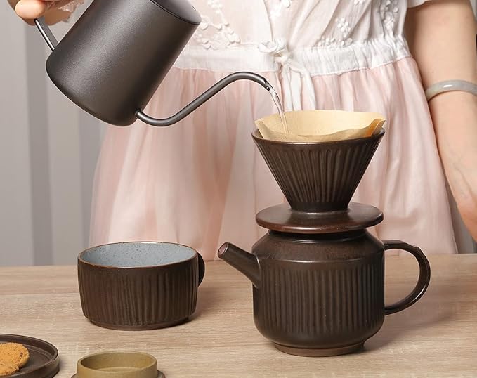 Pottery Pour Over Coffee Maker, Ceramic Cone Filter Hand Drip Coffee Dripper, Reusable Stoneware Pourover Coffee Brewer, Size 02 (Rustic Chocolate Brown)