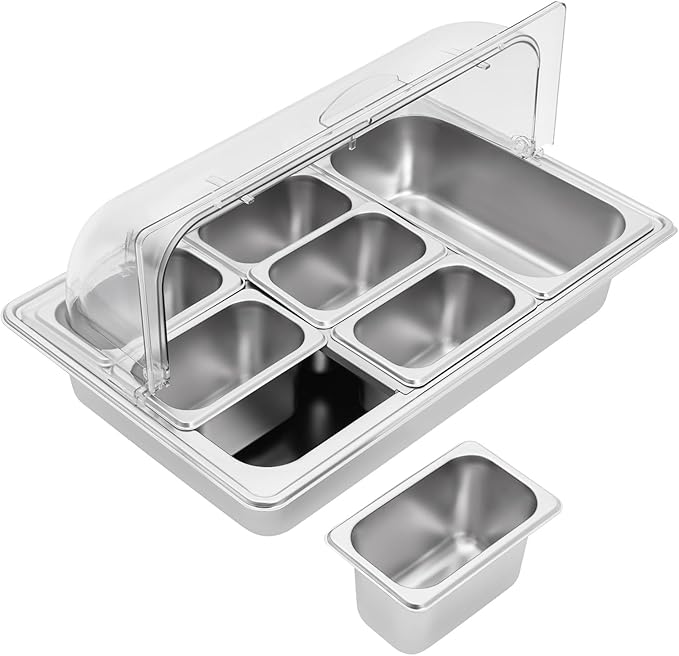 7 Compartments Food Serving Display Container, 7 Pans Countertop Ice Food Serving Display Container Stainless Steel Buffet Food Display Serving Tray with Clear Roll Top Cover Serving Dish