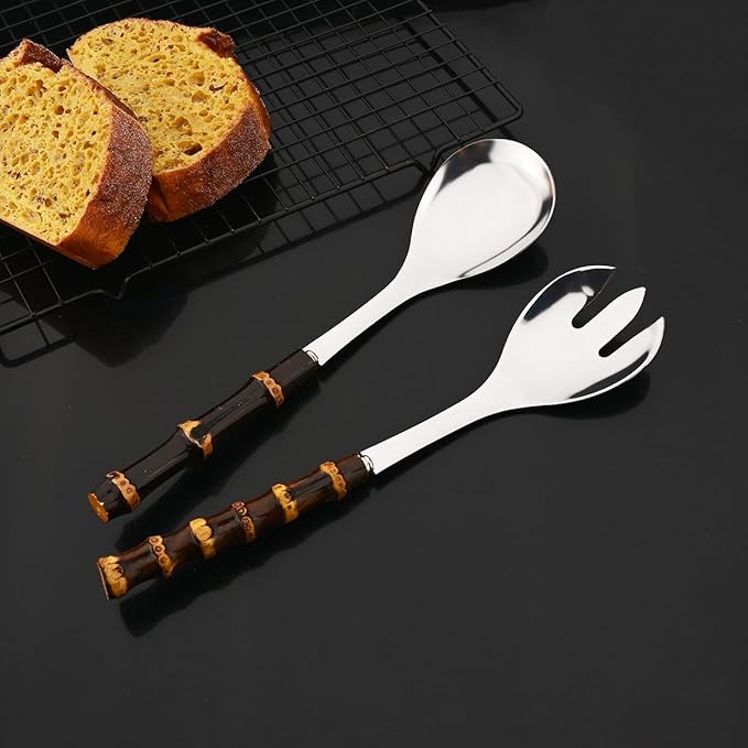 JASHII 4-piece Stainless Steel Flatware Cutlery Serving Set Silverware Knife Fork Spoon Set Black Bamboo Handle Dishwasher Safe for Dinner Buffet