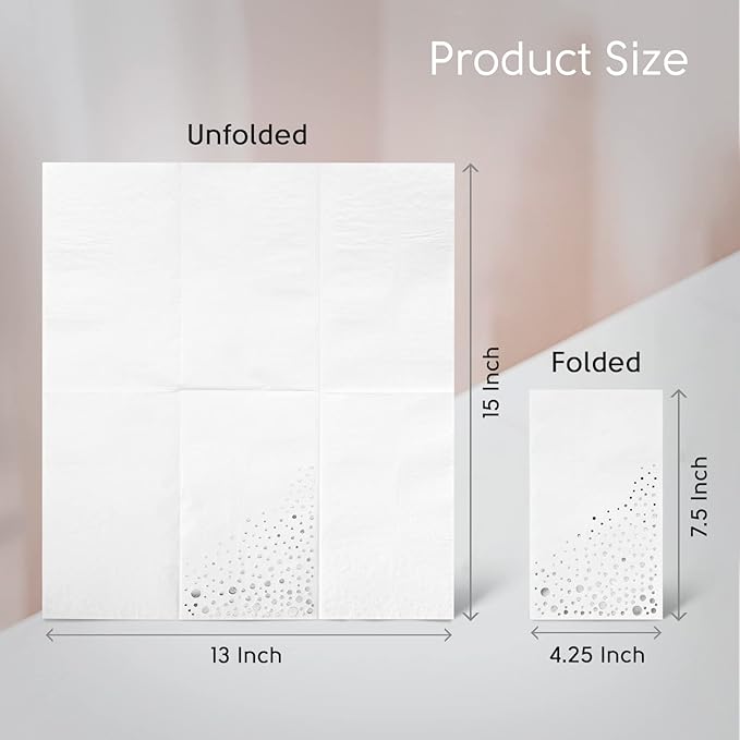 Stylish White and Silver Napkins, 100 Silver Dinner Napkins, 7.5 x 4.25 Party Napkins, Disposable Dinner Napkins, 3-Ply Wedding Napkins for Reception, Fancy Paper Napkins for Dinner Party