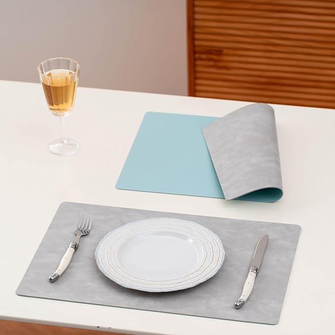 Placemats Set of 4 Reversible Dual-Color Table Placemats, Faux Leather 100% Waterproof Oil-Proof Wipeable Place Mats, Heat Resistant Dual Sided Table Mats for Kitchen/Dining/Party (Gray&Sky Blue