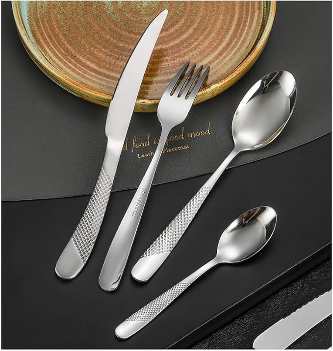 diamond hammered silverware set, 30-piece cutlery set for 6 people, Checkered Handle Stainless Steel Flatware serving set - Cutlery Set For Home Kitchen