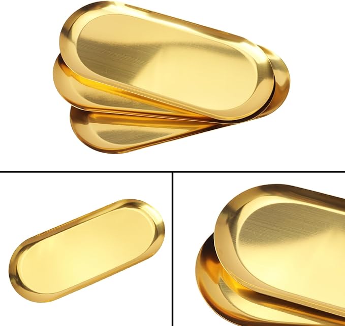 8 Pack 12 Inch Oval Stainless Steel Decorative Tray, Stainless Steel Tea Fruit Tray, 12 inch Gold Oval Trays for Bathroom Vanity, Jewelry, Perfume & Key Organizer (Gold)