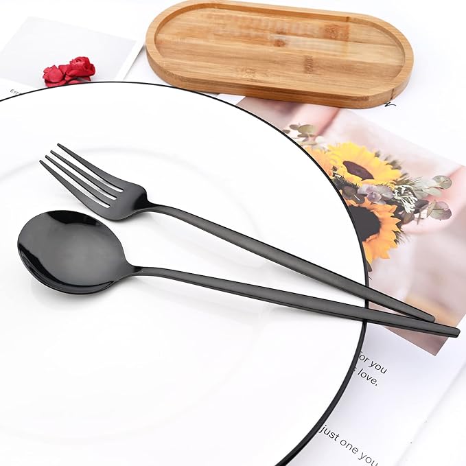 30Pcs Black Simplicity Mirror Finished Cutlery Set, 18/0 Stainless Steel Daily Use Silverware Kitchen Home Restaurant Party Dessert Flatware Set Include Knife/Fork/Spoon, Service For 6
