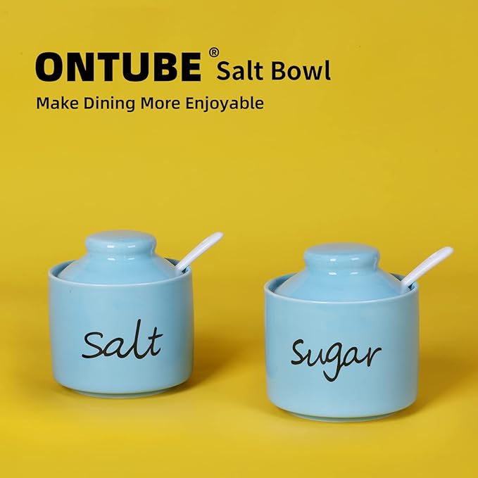 ONTUBE 8oz Sugar and Salt Bowls with Lid and Spoon, Ceramics Condiment Pots,Seasoning Jar Spice Container for Kitchen,Dishwasher Safe (Turquoise)