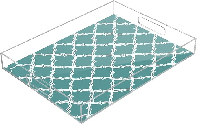 Serving Tray with Handles Clear Acrylic Tray 12x16 Inch Decorative Rectangular Tray Organizer for Ottoman Coffee Table Bathroom Teal Minimalist Quatrefoil