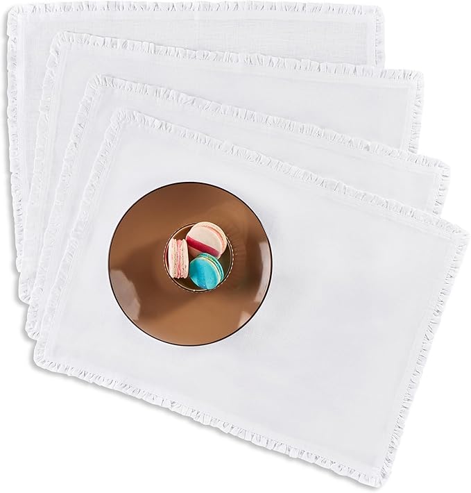 Solino Home White Linen Placemats 14 x 19 Inch - 100% Pure Linen Juliette Ruffle Placemats Set of 4 - Handcrafted and Machine Washable Table Mats for Christmas, New Year