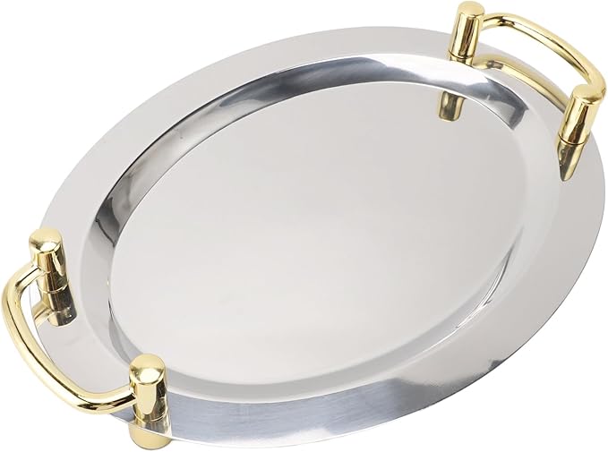 Silver Tray with Stainless Steel Platter with Handle – Multifunction Portable Serving Tray for Restaurant & Hotel Buffet, Rectangle Shape, 47.5cm (Rectangle Shape with Gold Handle, 39cm)