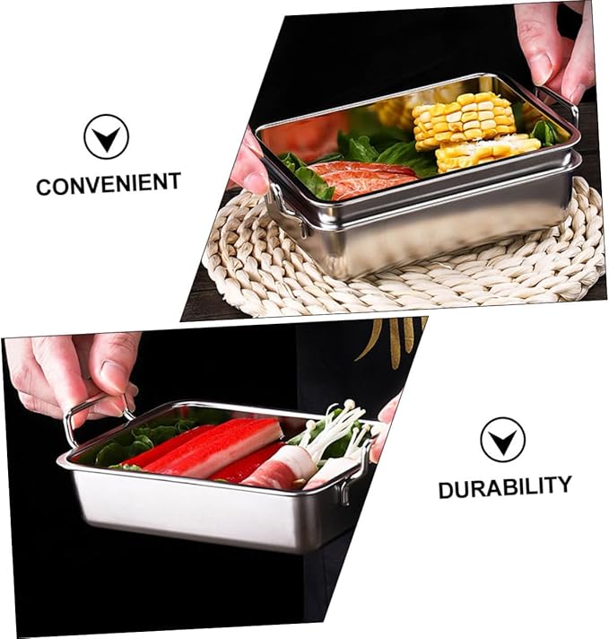 Ciieeo 1Pc Stainless Steel Food Tray with Handles Snack Holder for Fruits Snacks Rustproof Silver Serving Dish Easy to Clean Barbecue Plate for Home Use