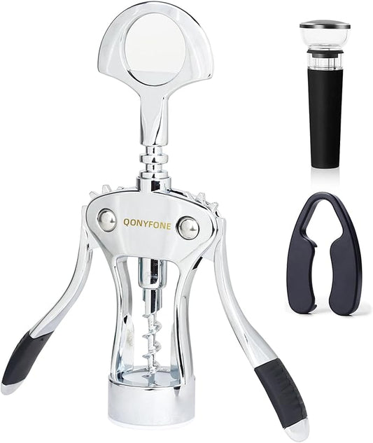 Wing Corkscrew Wine Opener, Premium Zinc Alloy Manual Bottle Opener, Heavy Duty Multifunctional Tool for Kitchen, Bar, Restaurant & Waiters (Aesthetic Silver)