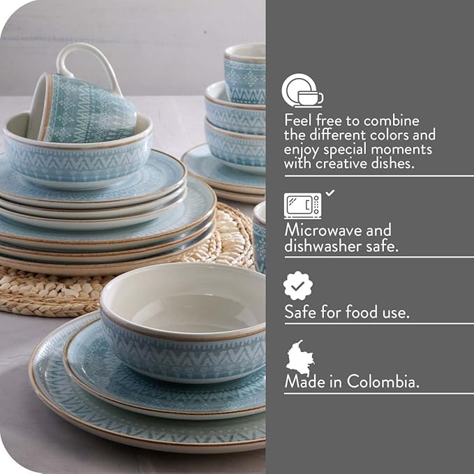 Corona Dinnerware Set 16– piece, Plates Bowls and Mugs Set, Ceramic Sets for 4, Microwave and Dishwasher Safe, Congo Etnic Design