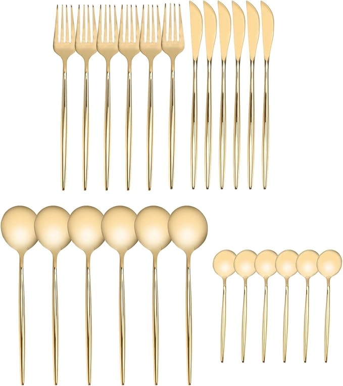 24Pcs Gold Silverware Set,Flatware Serving Sets Knife Fork Spoon Rustproof Stainless Steel Cutlery for Home Party Wedding Banquets