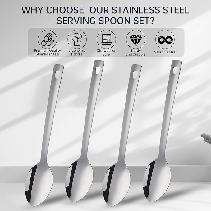 DOCBLACK 13 Inch Serving Spoons Set of 6, Heavy Duty Stainless Steel Buffet Spoons with Long Handle for Kitchen, Restaurant, Party, Dishwasher Safe (Silver, 6PCS)