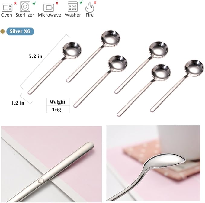 6 PCS Silver Coffee Spoons, 18/8 Stainless Steel Espresso Spoons, 5.2 Inches Vogue Mini Tea Spoon, Cappuccino Stirring Small Spoon for Dessert, Ice Cream, Frosted Handle, Sweejar(Silver)