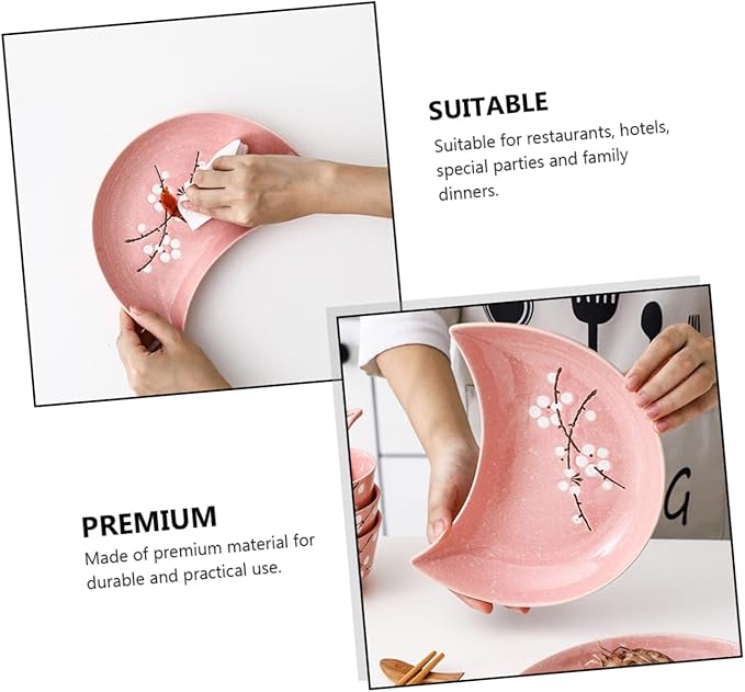 2pcs Moon Disk Food Storage Dipping Sauce Dishes Salad Plate Moon Tray Ring Dish Holder Appetizer Plates Tableware Organizer Cosmetic Tray Sushi Ceramics Seafood Pink