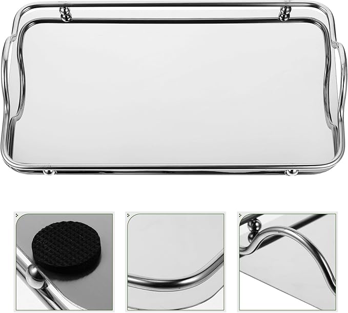 CHILDWEET Stainless Steel Serving Tray with Handles, Small Rectangular Food Tray for Beverage Service, Mirror Finish Silver Platter for Entertaining and Bed Use