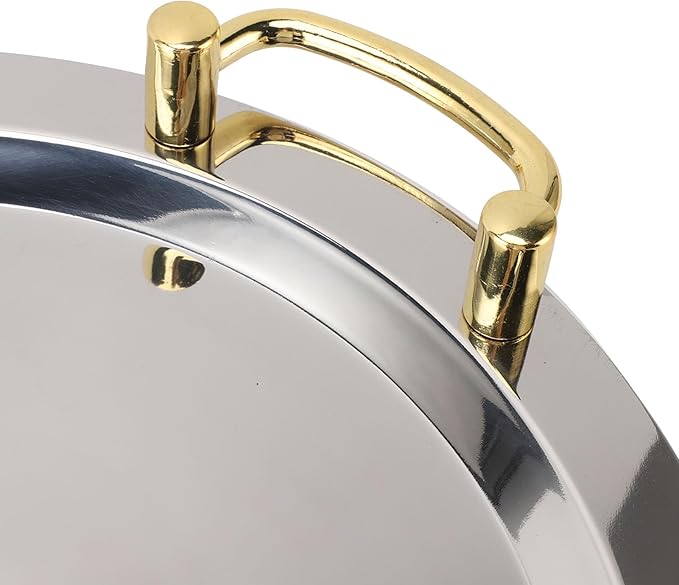 Stainless Steel Serving Plate, Elegant Mirror Finish Serving Tray Reusable Unbreakable Modern Kitchen Plates Golden with Handle for Hotel Restaurant Banquet (Round (Diameter 15.7in))