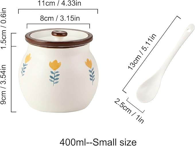 Ceramic Salt and Sugar Bowl, Porcelain Condiment Jars with Lid and Spoon, Seasoning Spice Pot Bowl, Salt Sugar Pepper Storage Jar, 400ml, Yellow Flower
