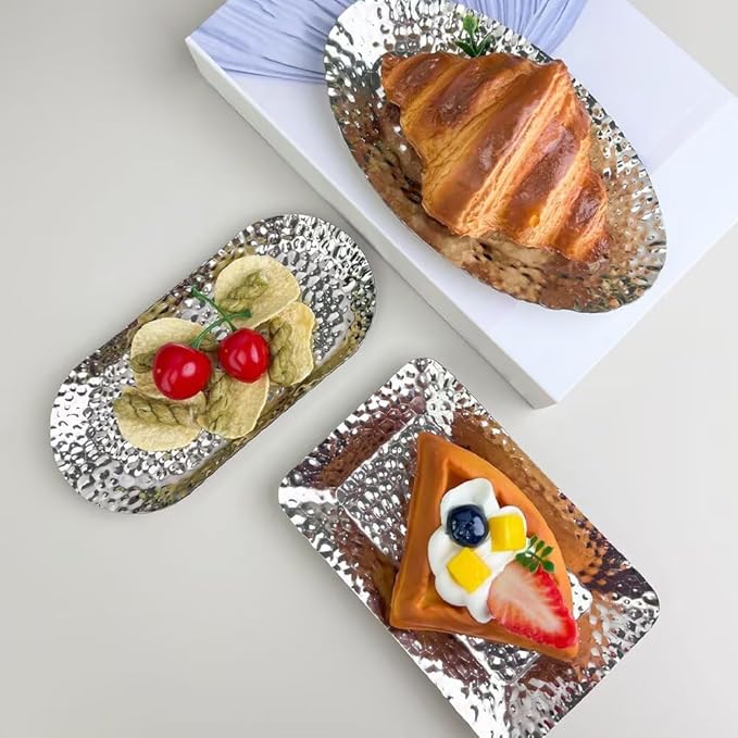 Mini Serving Platter Stainless Steel Serving Tray Hammered Square 6.3 x 4 Inch Small Dessert Plates Coffee Table Tray Decorative Plates for Kitchen Party Silver