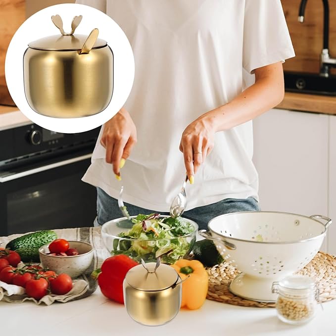 Sugar Bowl with Lid and Spoon Stainless Steel Seasoning Jar Compact Spice Container Condiment Pot for Home Kitchen Organization