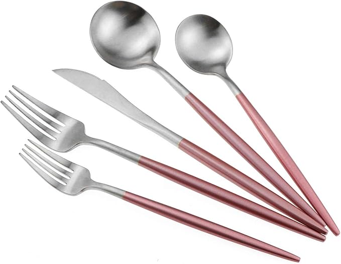Gugrida Luxury Flatware, Royal 5 Piece Matte Pink Handle 18/10 Stainless Steel Tableware Sets for 1 Including Forks Spoons Knives, Camping Silverware Travel Utensils Set Cutlery (Pink Silver)