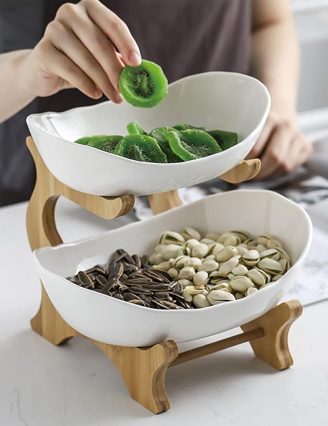 2 Tier Ceramic Fruit Bowl With Bamboo Wood Stand for Kitchen Counter,Porcelain Fruit Basket for Vegetable Storage,Snack Dessert Cake Tray Plate Rack for Party Wedding - White