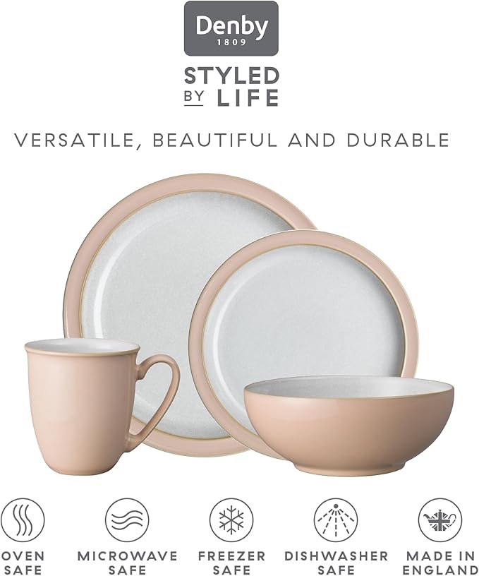 Denby - Elements Shell Peach Dinner Set For 1-4 Piece Ceramic Tableware - Dishwasher Microwave Safe Crockery Single Place Setting - 1 x Dinner Plate, 1 x Small Plate, 1 x Cereal Bowl, 1 x Coffee Mug