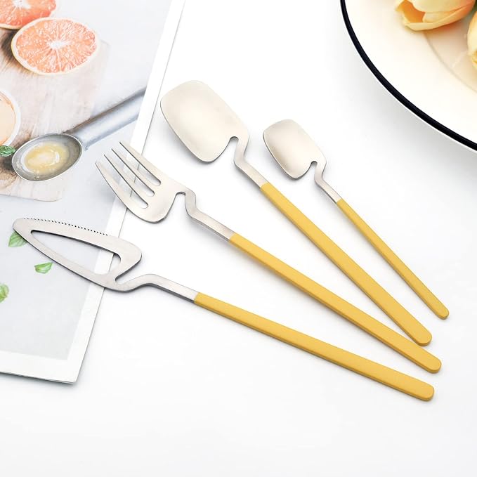 8 Pcs 304 Stainless Steel Flatware Set For 2 People, Matte Creative Hanging Cutlery With Bright Yellow Handles, Daily Use For Picnic Travel Hiking Couples And Friends (Yellow Silver)