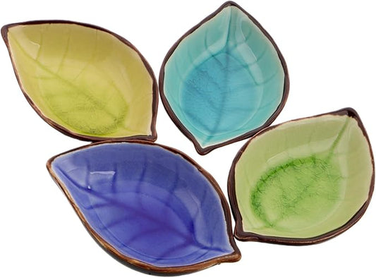 4pcs Leaf Shape Ceramic Appetizer Plates Multi-purpose Porcelain Dishes for Dipping Sauce Snacks Desserts Sophisticated Crackle Glaze Dinnerware Yellow Lake Blue Green