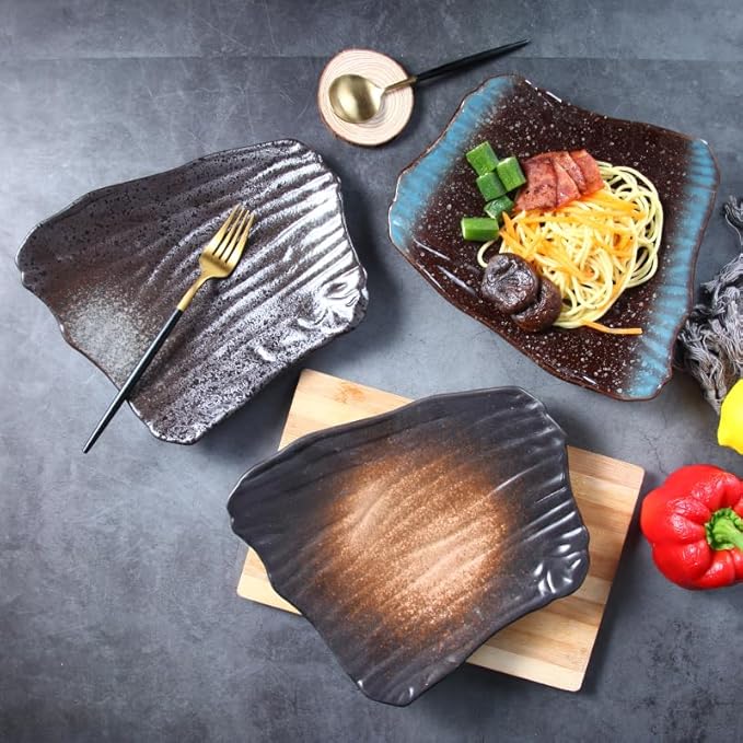 Appetizer Plates Japanese Retro Ceramic Tableware Sushi Plate Irregular Flat Plate Black Breakfast Plate Cheap Plates