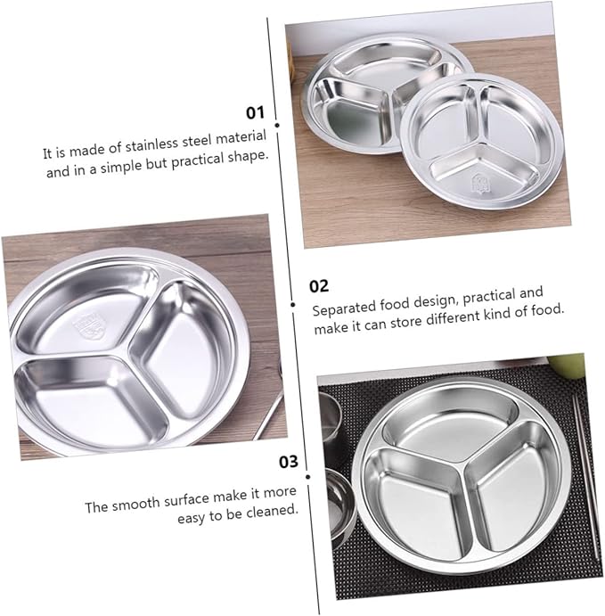 Cabilock 2pcs Stainless Steel Thickened Food Compartment Tray Serving Plates for Canteens Fast Food Home School Picnic Dishwasher Safe Practical Meal Storage