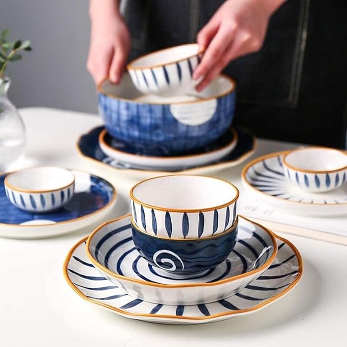 Porcelain Dinnerware Set, 28 Pieces Japanese Style Ceramics Dinner Sets | Plate/Bowl - Tableware Combination Set for Restaurant,Blue,White,Blue