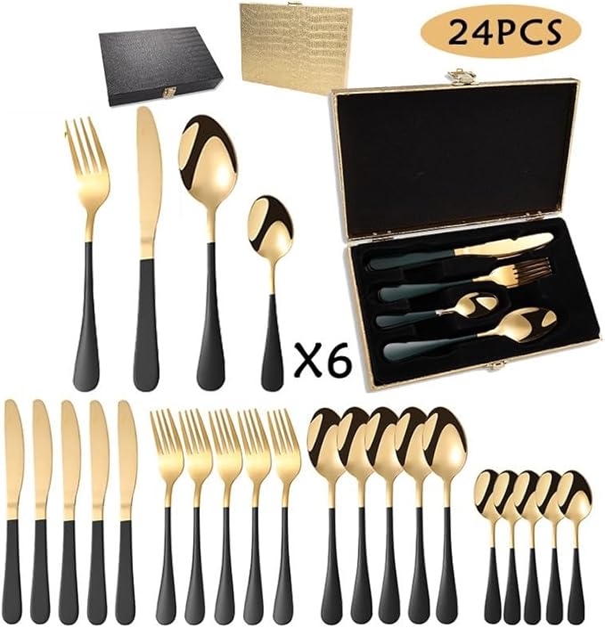 Stainless Steel Flatware serving set,Home Kitchen Eating Tableware Set,Dishwasher Safe,For Home Kitchen Restaurant Hote 24-piece Stainless Steel Cutlery Set Home Restaurant Steak Knife Fork Spoon Set(