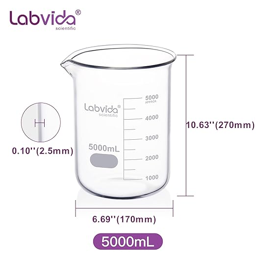 Griffin Low Form Glass Beaker, Vol.5000ml, 3.3 Borosilicate with Printed Graduation, LVA016
