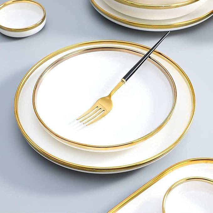 Dinnerware Set Luxury Family Dinner Service Set, Dinnerware Sets Service for 2/4/6, Kitchen Plates and Bowls Sets White, Luxury Bone China Tableware, Nordic Gold Porcelai,26pcs
