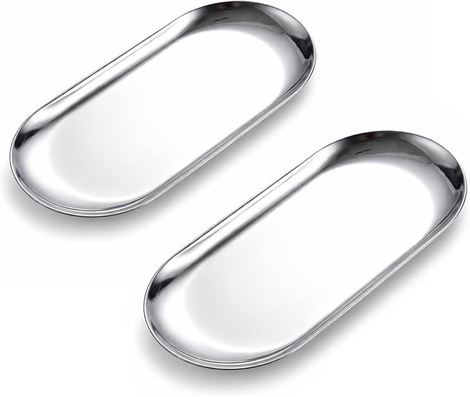 IMEEA 2-Pack Small Oval Tray, 7 x 3.3 Inch Stainless Steel Compact Vanity & Bathroom Counter Organizer for Jewelry, Perfume, Keys