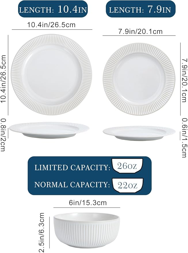 4 Different Embossed Ceramic Dinnerware Set for 4 - Arctic White Vintage Plates & Bowls Set 12 Piece - Microwave & Dishwasher Safe Porcelain Chip Resistant Handmade Dishware Set Kitchen Gift