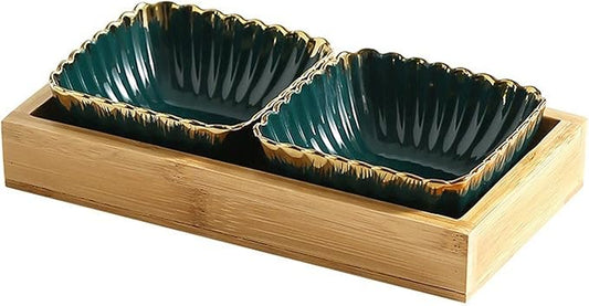 Dipping Sauce Dish Dipping Bowl Appetizer Plates Multi Grid Sauce Dish Green Gold Rim Snack Storage Tray Ceramic Dish Wooden Dessert Tray Candy Fruit Platter Tea Plate Home Dipping Sauce Bowls/Dishes