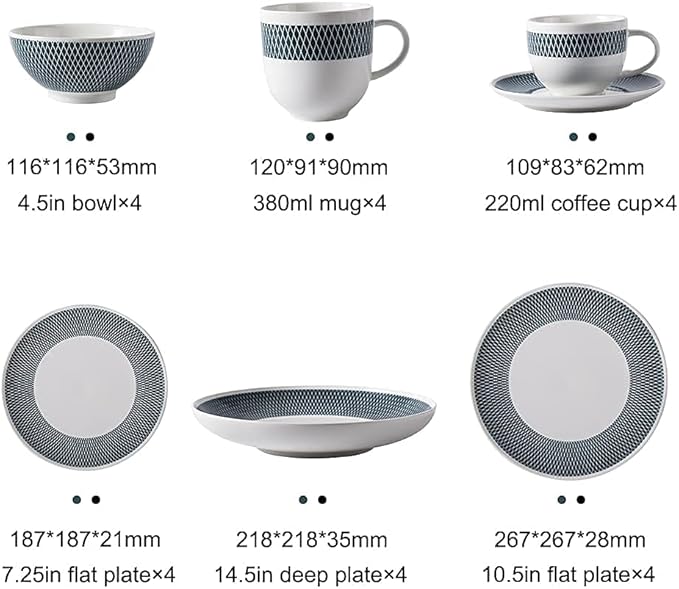 24pcs Dinnerware Sets, Fashional Ceramics Dinner Plates, Tableware Set with Blue and Black Geometric Plaid, Microwave and Dishwasher Safe, Service for 4