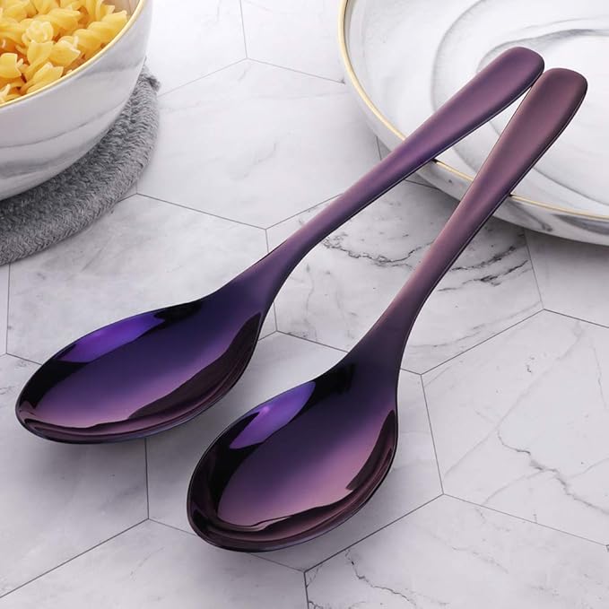 Buffet Serving Spoons, Stainless Steel 10 Inch Purple Plated Server Set of 2, Large Salad Serverware Utensils, Dishwasher Safe