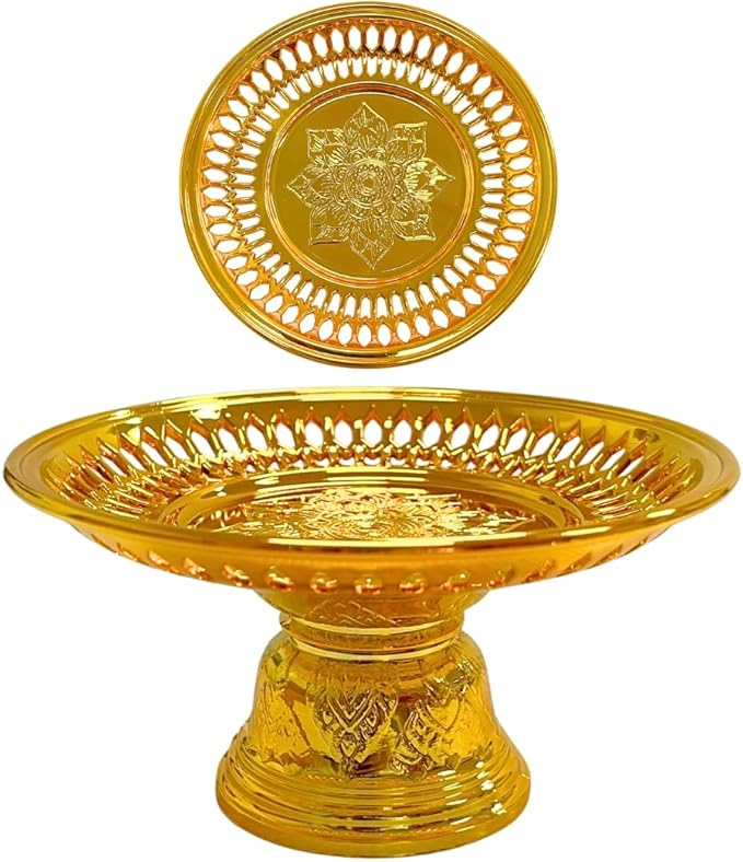 Decorative Pedestal Tray 5 Inch – Traditional Thai Offering Tray with Flora Design for Home, Temple, or Spa Display (Gold,12cm)