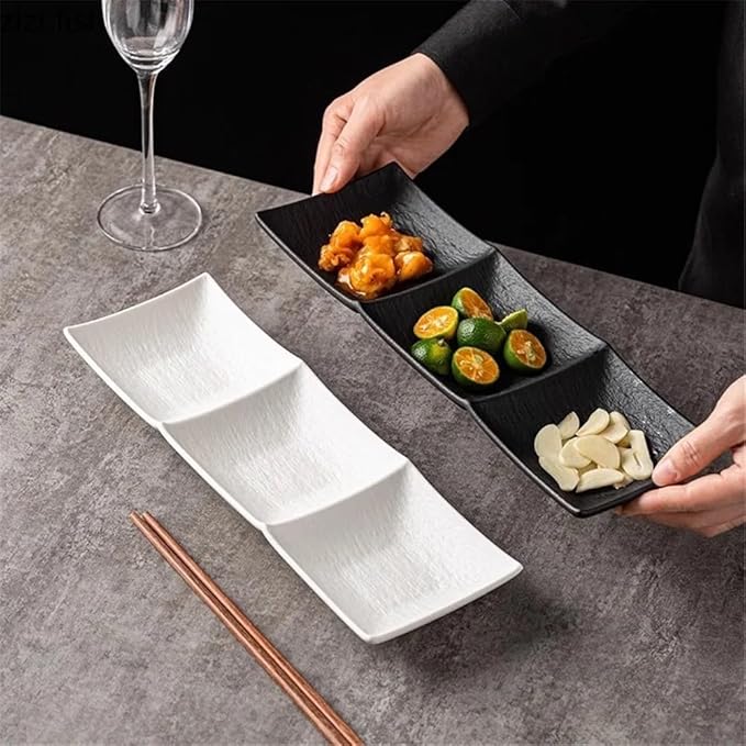 Appetizer Plates Matte Ceramic Seasoning Dish Soy Sauce Vinegar Dish Dessert Plate Sushi Plate 3 Grids Snack Plate for Condiment(White,Large)