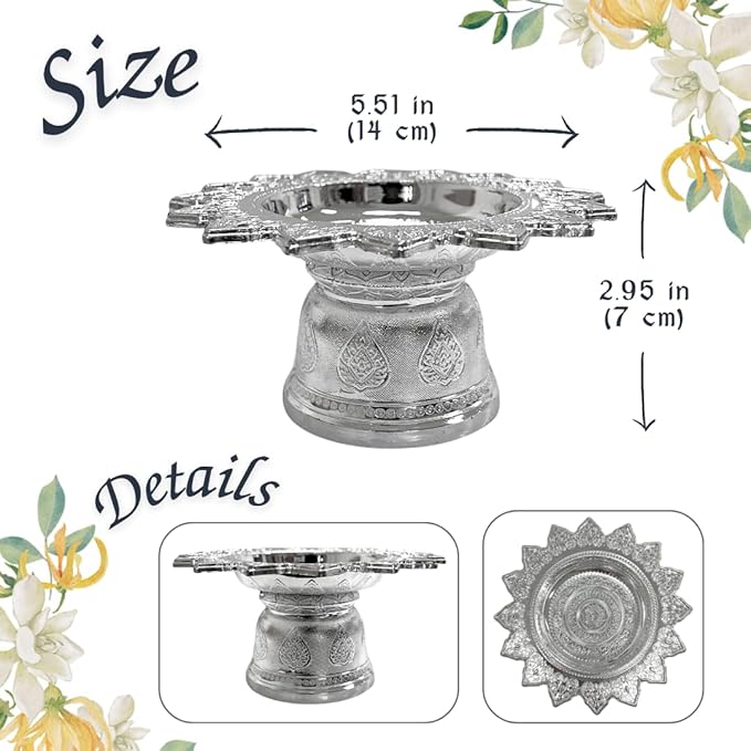 Decorative Pedestal Tray 5 Inch – Traditional Thai Offering Tray with Flora Design for Home, Temple, or Spa Display (Silver,14cm)