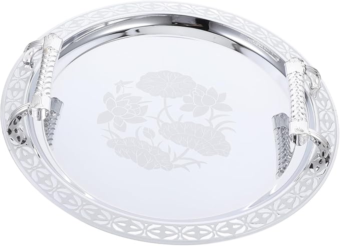Luxshiny European Style Fruit Serving Tray Stainless Steel Snack Storage Holder Decorative Silver Pattern Snack Plate for Desserts Dry Fruits and Outdoor Picnic Use